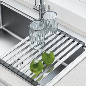 GSlife Over Sink Dish Drying Rack, Roll Up Dish Drying Rack Stainless Steel Dish Drainer for Kitchen RV Apartment Camper Sink Counter, 17" x 11.5", Gray