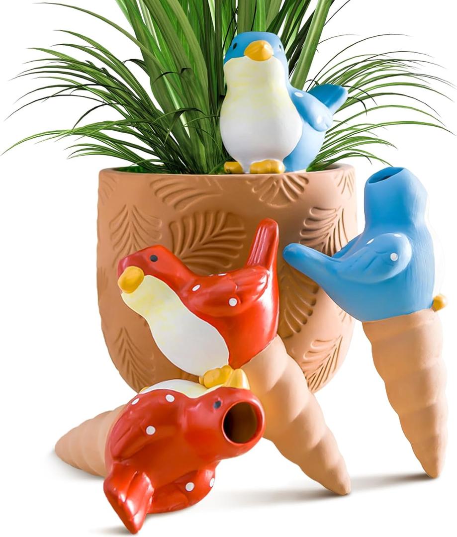FirstGift 4 Pack Plant Self-Watering Stakes Terracotta Automatic Plant Waterer Devices Watering Globes Self-Watering Clay Planters Devices Perfect for Vacation Garden Plant Care Blue/Red Bird
