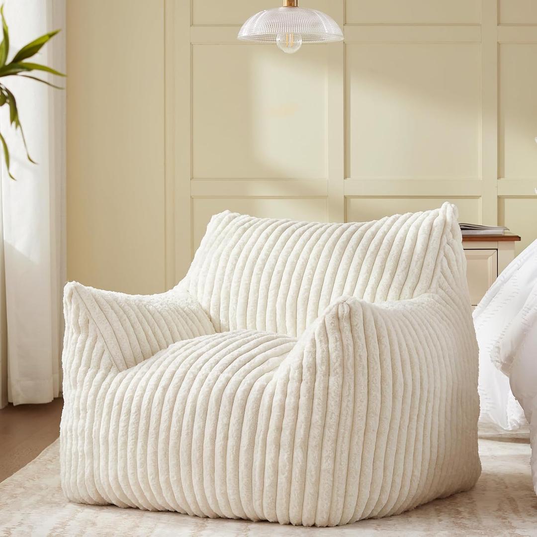 Giant Bean Bag Chairs for Adults Teens, Large Bean Bag Sofa Chairs with Filling Comfy Fuzzy BeanBag Chair with Armrests for Bedroom Living Room Reading (Medium, White)