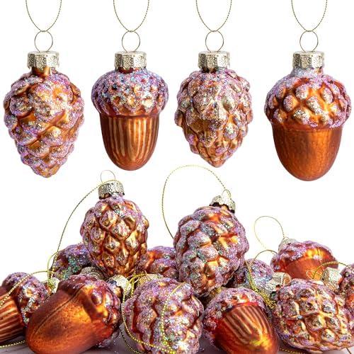LFUTARI 12 Pcs Pine Cone Glass Ornaments - Christmas & Fall Hanging Pinecone Glass Ornaments for Xmas, Thanksgiving Day Party Decorations