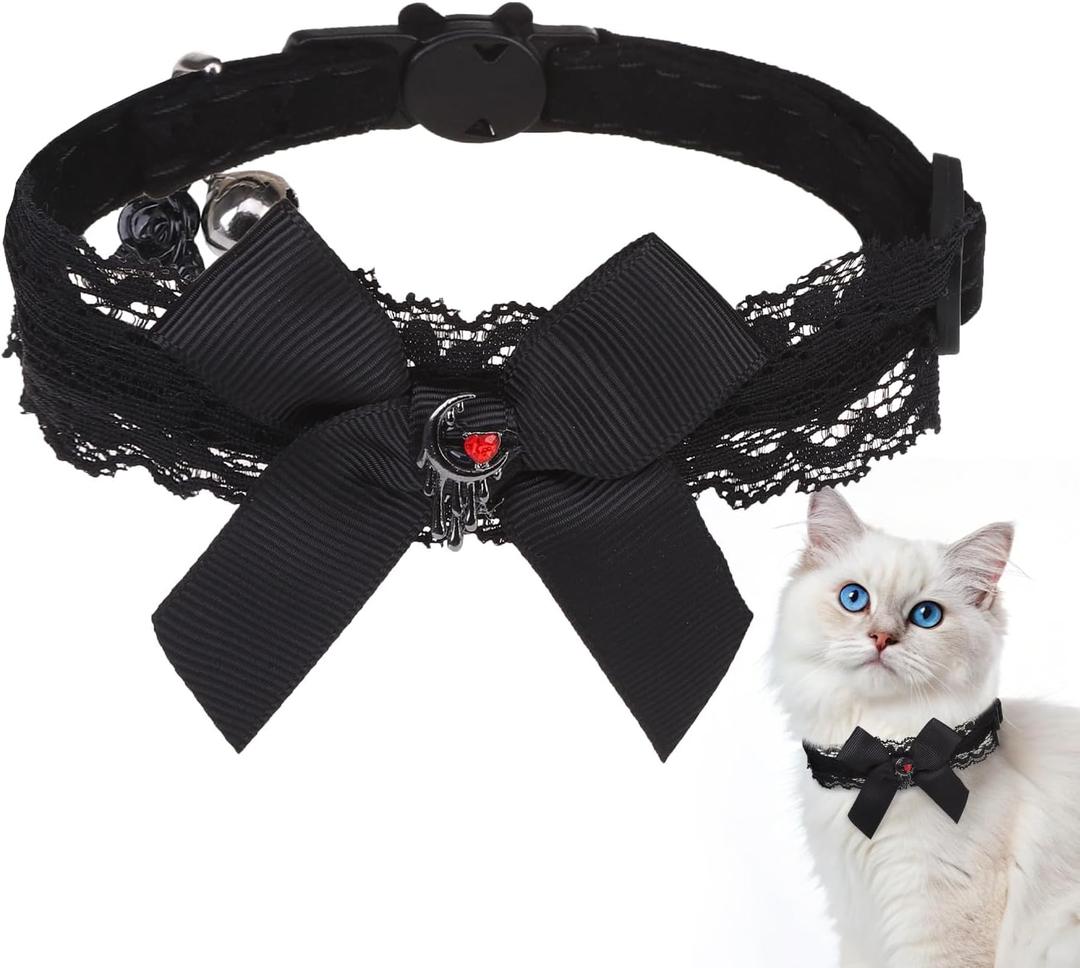 EXPAWLORER Cat Collar with Bells,Adjustable Soft Velvet Cat Collar Breakaway with Flower Accessory,Safety Quick Release Gothic Style Pet Collar for Cat,Kitten,Small Dog (Black)