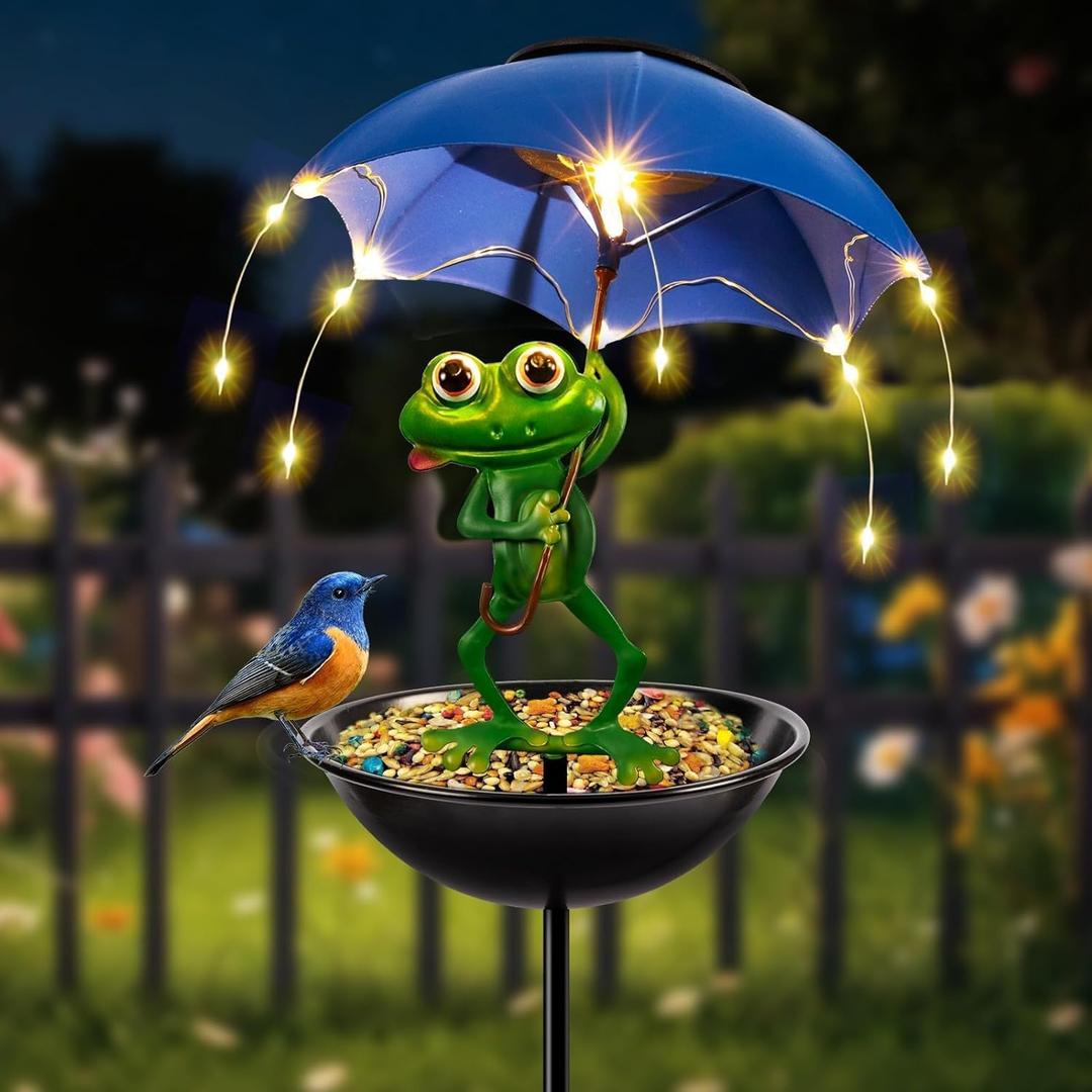 Solar Bird Feeder Frog Garden Decor, Outdoor Solar Lights with Umbrella, Hummingbird Feeder Decorative Path Lights Yard Art Ornament Bird Feeder (Frog)