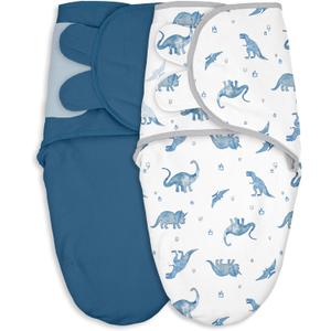 Baby Swaddles for Newborn Organic Cotton, Soft & Snug Newborn Velcro Swaddle 0-3 Months Sleep Sack Helps Calm Startle Reflex, 2-Pack Wrap Nursery Swaddling Blankets Blue Dinosaur