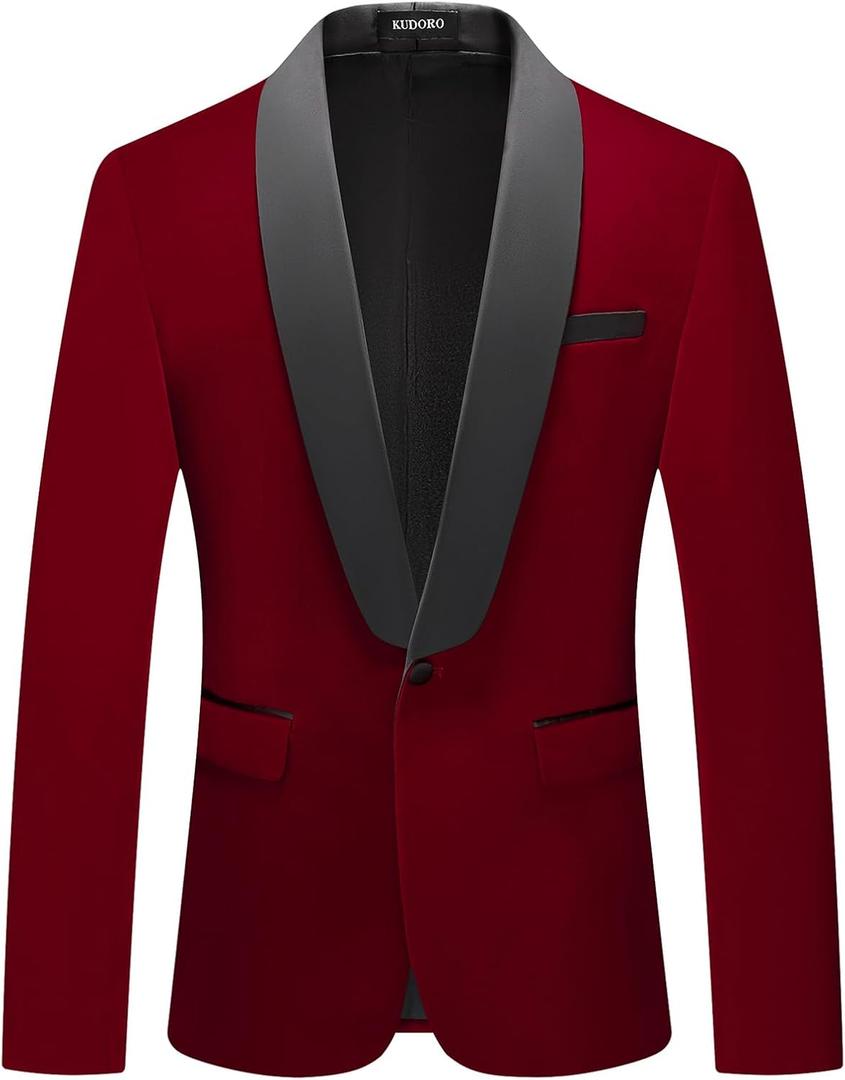 Mens Velvet Blazer Slim Fit Tuxedo Suits Jacket Shawl Collar Solid Jacket Wedding Dinner Prom One Button Blazer Jacket (Wine Red)