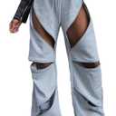 LETSVDO Women's Wide Leg Baggy Sweatpants High Waisted Patchwork Flare Pants Y2k Cut Out Multi Zipper Cargo Sweatpant L