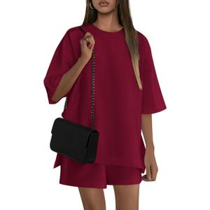 PRETTYGARDEN Women's 2 Piece Lounge Sets 2025 Summer Short Sleeve Tunic Tops Drawstring Shorts Matching Outfits Tracksuits (Wine Red,Small) (S)