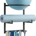Wall Mounted Yoga Ball and Mat Holder, Space-Saving Home Gym Organizer and Storage Rack Fits 55-75cm Stability Ball with 5 Hooks for Resistance Bands and Equipment