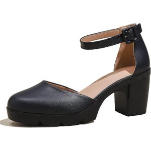 DADAWEN Women's Closed Toe Low Block Chunky Heels Round Toe Ankle Strap Wedding Work Dress Pump Shoes Navy US Size 8.5