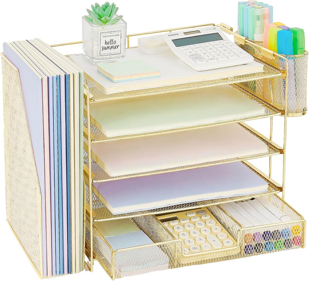 OPNICE Desk Organizer, 5-Tier Paper File Organizer with Drawer & Pen Holder, Office Desk Accessories, Workspace Desktop Organizer for Office Supplies(Gold)