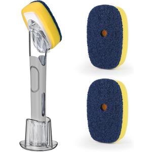 Dish Brush with Soap Dispenser Storage Set with 2 PCS Sponge Refills & Holder, Soap Dispensing Dish Brushes, Sponge with Soap Dispenser Handle, Dish Sponges with Handle for Dishes Pans Pots Sink(Gray)