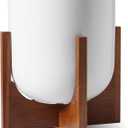 LE TAUCI 10 Inch Plant Pot with Acacia Wood Stand, Ceramic Planters for Indoor Plants, Unique Plant Pots Indoor for Home Decor, Mid-Century Modern Pots for Plants with Drainage Hole and Plug, White