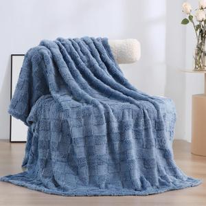 Dusty Blue Fleece Throw Blanket 5060 for Couch Sofa Bed,Super Soft Cozy Plush Microfiber Flannel Blanket with 3D Checkered Design Lightweight for Adults,Woman,Girls
