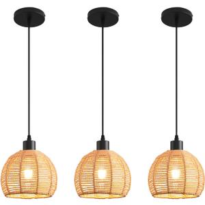 Woven Pendant Light Boho Chandelier, Rattan Pendant Lights Kitchen Island, Farmhouse Pendant Lighting with Hand Woven Wicker Shade, Boho Chandelier Light Fixtures Ceiling Hanging Light (7.87" Rattan 3 Pack)
