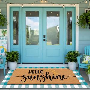 Tinideya 2 Pcs Summer Door Mat 17"x47" Hello Sunshine Welcome Non Slip Coir Blue White Plaid Buffalo Mats Large Floor Layering Doormats Seasonal for Front Porch Entryway Decor(Hello Sunshine)