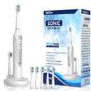 Sonic Electric Toothbrush for Adults with 5 Toothbrush Replacement Heads, 3 Brushing Modes & 2 Minutes Built-in Timer, Travel Toothbrushes with Inductive Charging, Rechargeable toothbrush | White