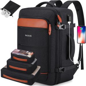 Bagsure Travel Backpack, 42L Carry on Luggage, Flight Approved Expandable Backpack, Laptop Backpack (Black-brown (Backpack With 4 Packing Cubes))