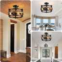 WUZUPS 3-Light Metal Drum Chandelier Imitation Wood Grain Shade Round Semi Flushmount Ceiling Lighting Rustic Farmhouse Fixture Foyer Entry Kitchen, H 9.4" x W13.8, E26 Base, Black