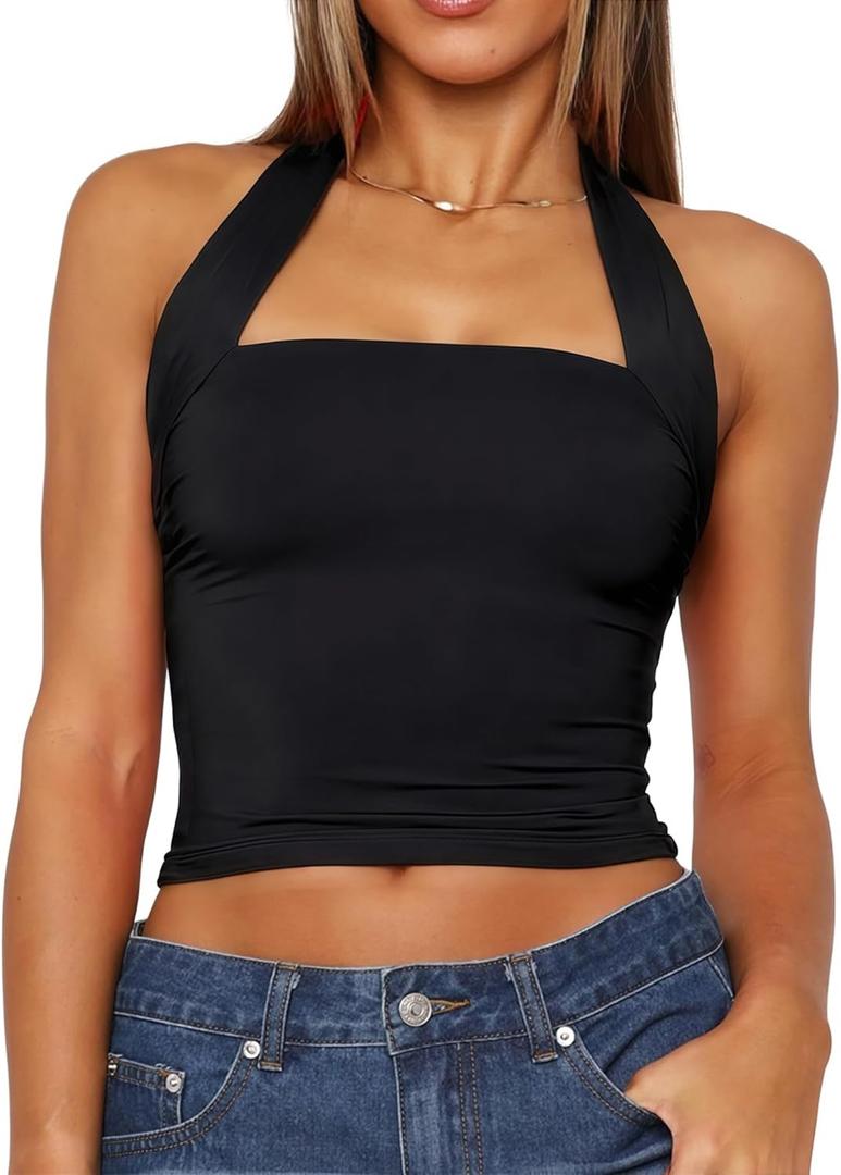 Women Halter Tank Tops Summer 2026 Backless Going Out Shirts Sexy Sleeveless Cute Crop Y2k Trendy Outfits (Black, XS)