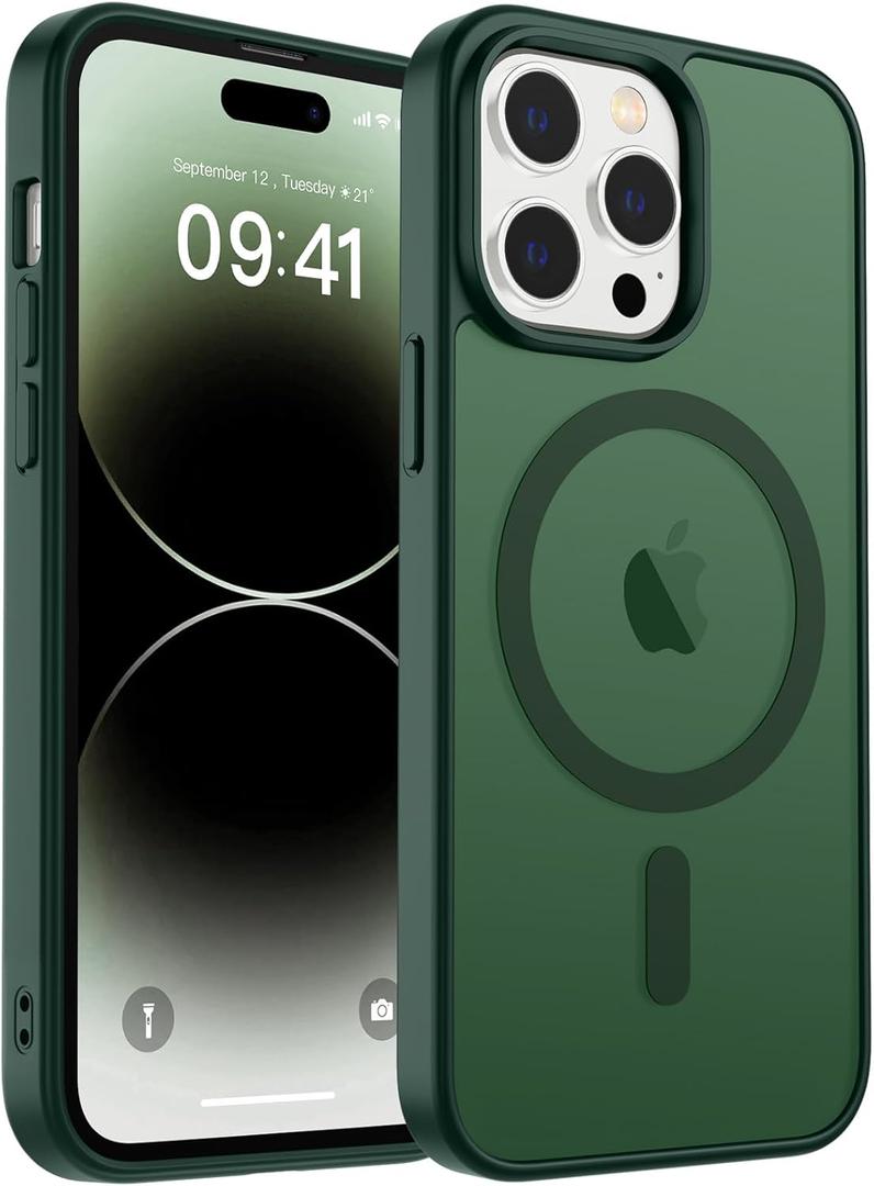 Magnetic for iPhone 14 Pro Max Case, [Compatible with MagSafe] [Military Grade Drop Protection] Translucent Matte Shockproof Anti-Scratch Phone Cover, Forest Green