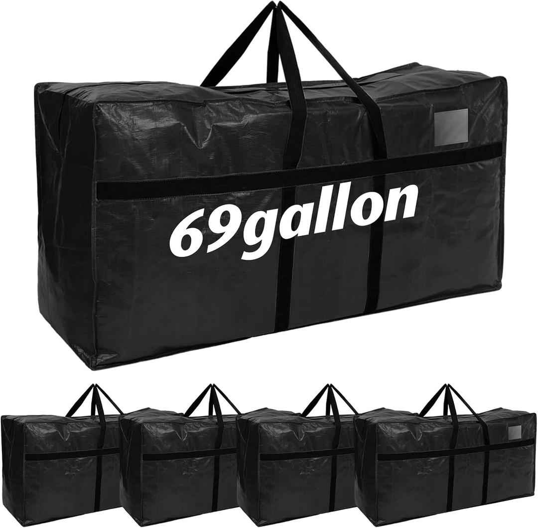 Windyun 4 Pack 69 Gallon Extra Large Moving Bags XXL Heavy Duty Storage Bag with Strong Zipper Handle Jumbo Big Tote Box Foldable for College Dorm Travel Clothes Duffle Blanket Pillow(Black)