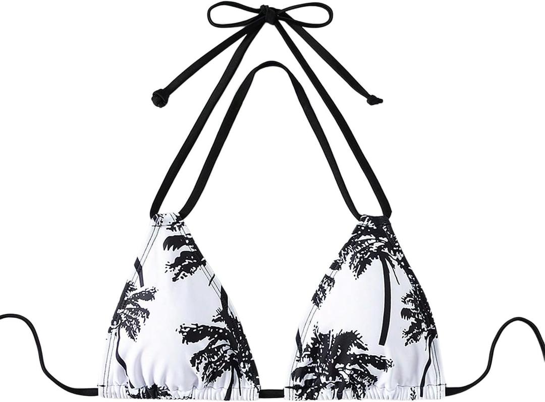 WDIRARA Women's Tropical Print Halter Bikini Top Tie Backless Swim Top (Black, S)