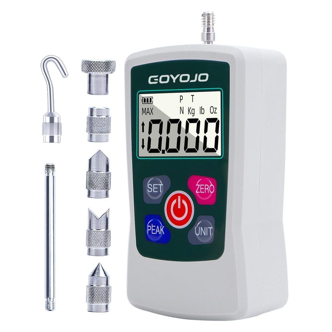 GOYOJO Digital Force Gauge High-Precision Push-Pull Meter for Tension & Compression Testing Units (N, kg, lb, oz) Real-Time/Peak/First Peak Modes Ideal for Quality Control & Material Testing (50N)