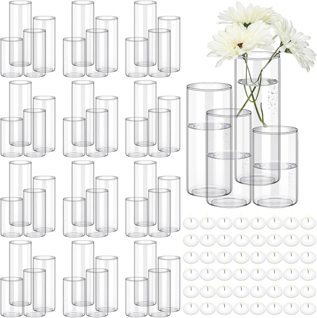 Jinei 48 Pcs 4 Sizes Glass Cylinder Vase Round Clear Vases Hurricane Floating Candle Holder with 96 Pcs Floating Candles for Holiday Wedding Centerpieces Party Event Home Decor (4/5/ 6/7 Inch Tall)