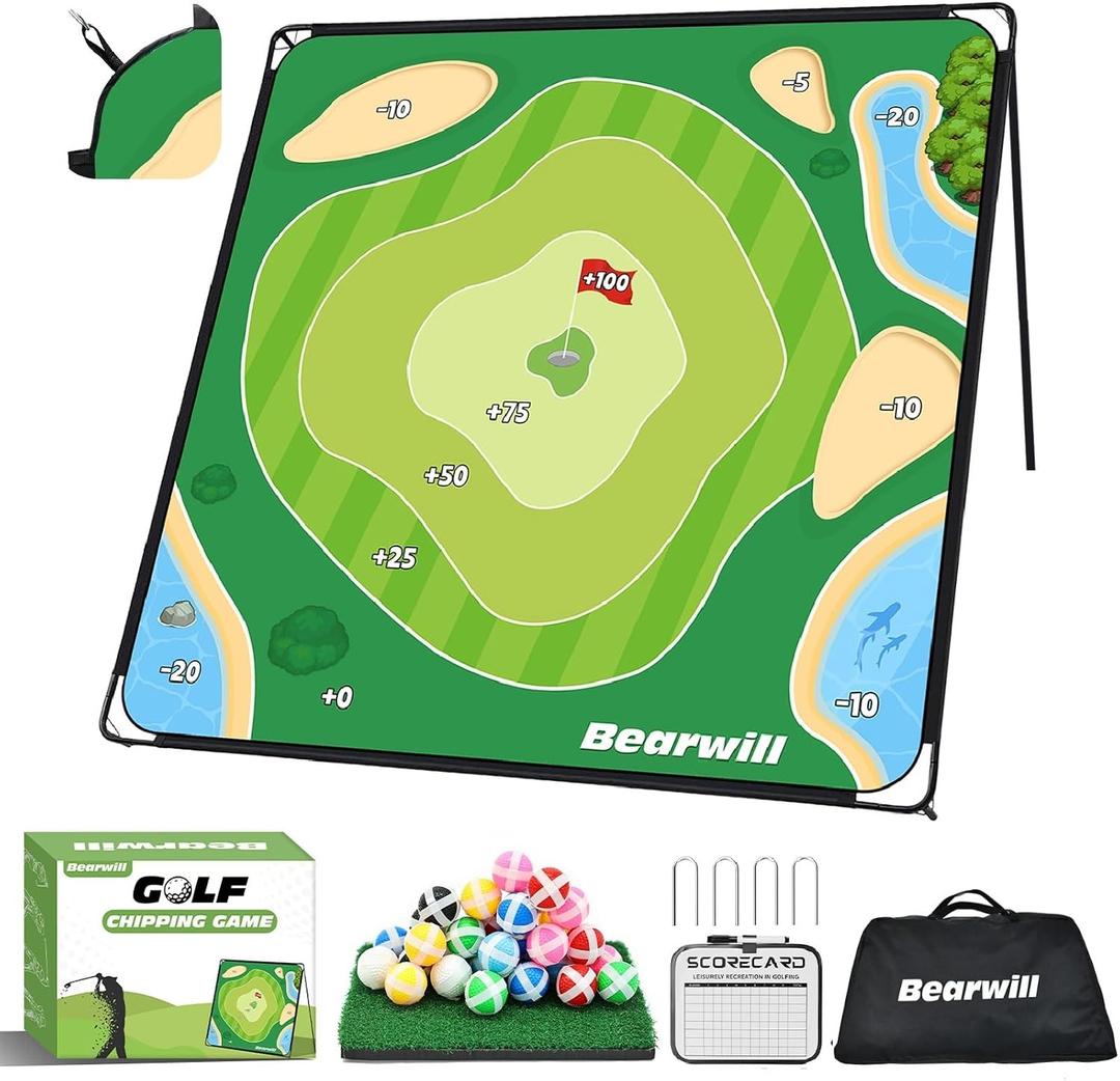 Bearwill Golf Chipping Game 70×70'', Outdoor Backyard Game Beach Golf Game for Adults, Large Chipping Mat with 32 Velcro Balls, Heavy-Duty Metal Base, Golf Gifts for Golfers