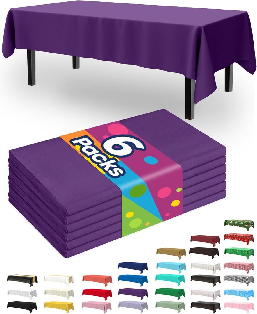 Pureegg Plastic Table Cloth Disposable 6 Pack, 54 x 108 Inch Table Cloths, Halloween Party Decorations, Summerween Decor, Halloween Tablecloths, Rectangle, Plastic Cover, Waterproof, Purple