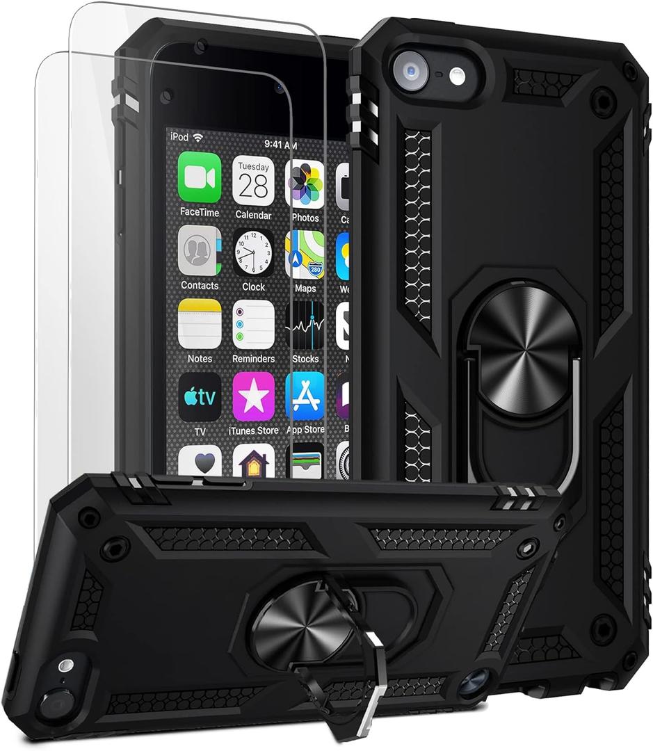 ULAK Compatible with iPod Touch 7/6/5 Case with 2 HD Screen Protectors, Hybrid Rugged Shockproof Cover with Built-in Kickstand for iPod Touch 7th/6th/5th Generation (Black)
