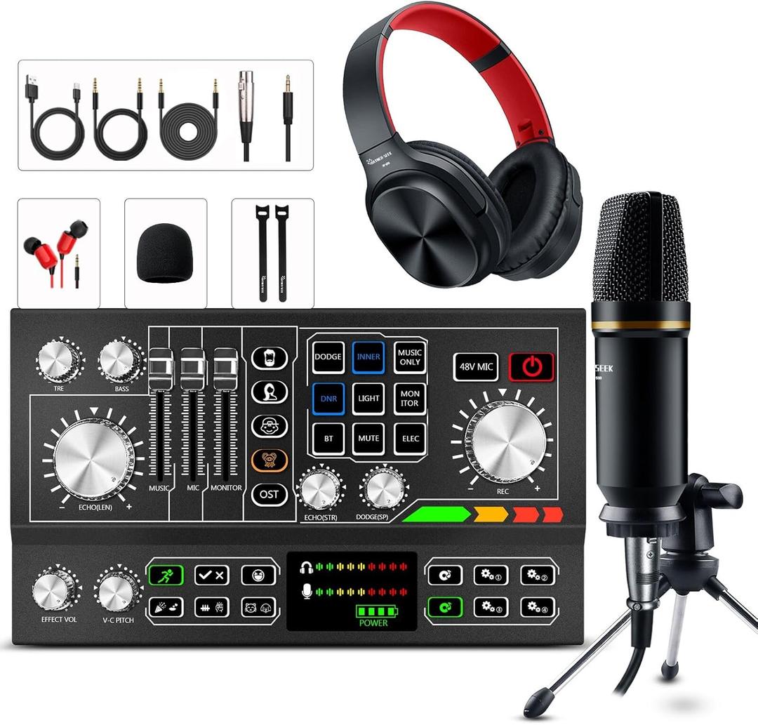 Podcast Equipment Bundle Aluminum Alloy Panel with Studio Condenser Microphone Sound DJ Mixer Broadcast Audio Interface DIY Sound Effect For PC Laptop Phone,Streaming Recording, Black (HS-AP901 (Black))