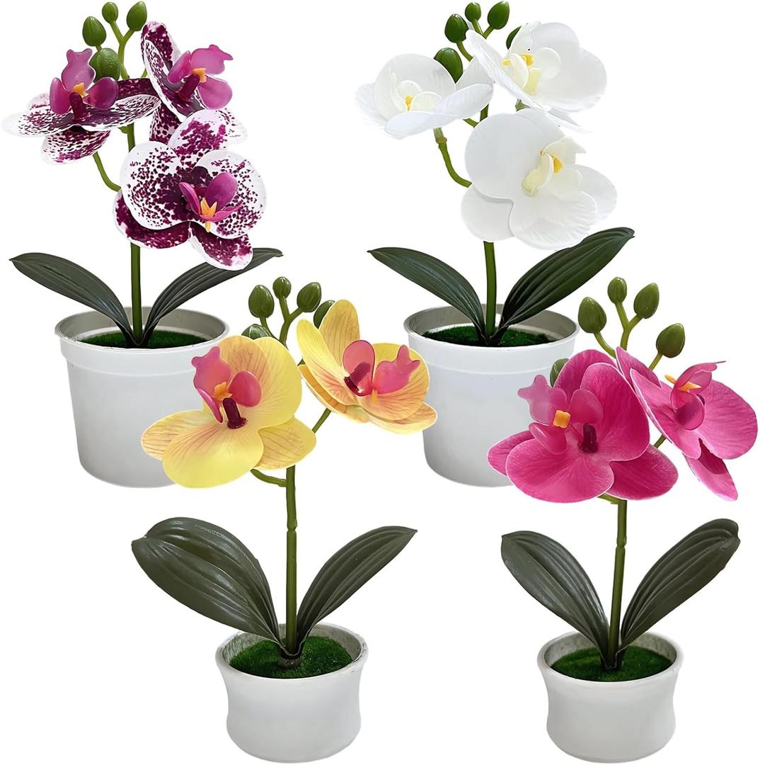 Varku 4 Pcs Artificial Orchids That Look Real with Pot, Small Silk Flowers for Home Decor Indoor, Faux Phalaenopsis Plants, Mini Potted Desk Decor, Vibrant Colors, No Maintenance Needed