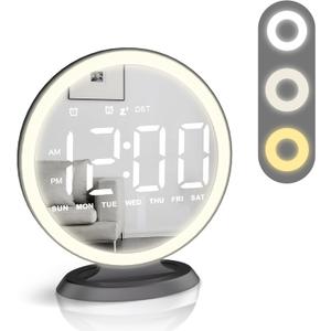 Round Mirror Lighted Digital Alarm Clock, Mirror Surface for Makeup, Large Display, Easy Setting, Auto DST, Auto Dimming, USB Port, Modern Decor for Home, Bedroom, Office, Gift for Women, Girl, Black