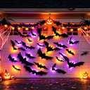 Dazzle Bright 100 PCS Halloween Bats Stickers with 60 Purple and Orange Lights, Lighted 3D Bat Wall Stickers, Halloween Decorations for Indoor Home Garage Window Decor Party Supplies