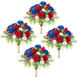 EYNDYN 12 Bundles 4th of July Artificial Rose Patriotic Faux Fake Red White Blue Flowers Bouquet with Ribbon for Independence Day Memorial Day Farmhouse Table Centerpiece Floral Vase Home