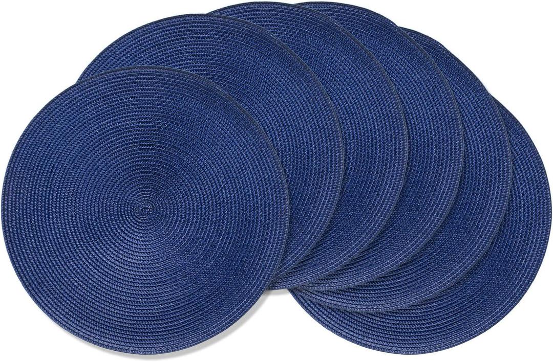 AHHFSMEI Round Placemats Set of 6 Heat Resistant Washable Non-Slip Woven Braided Table Mats for Dining Table Kitchen & Home Decor (Navy Blue)