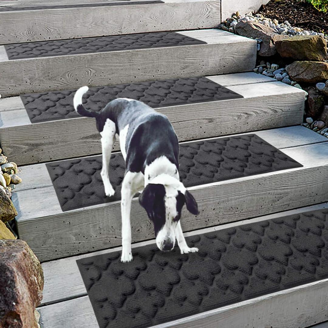 Aucuda 6pcs 8.5" x 30" Stair Treads Outdoor for Elders and Dogs on Wooden Steps, Non Slip Stair Runner Rug Heat Insulation Rubber Backing, Gray Cross Staircase Mat Carpet for Indoor Grip Farmhouse. (Grey Knot)