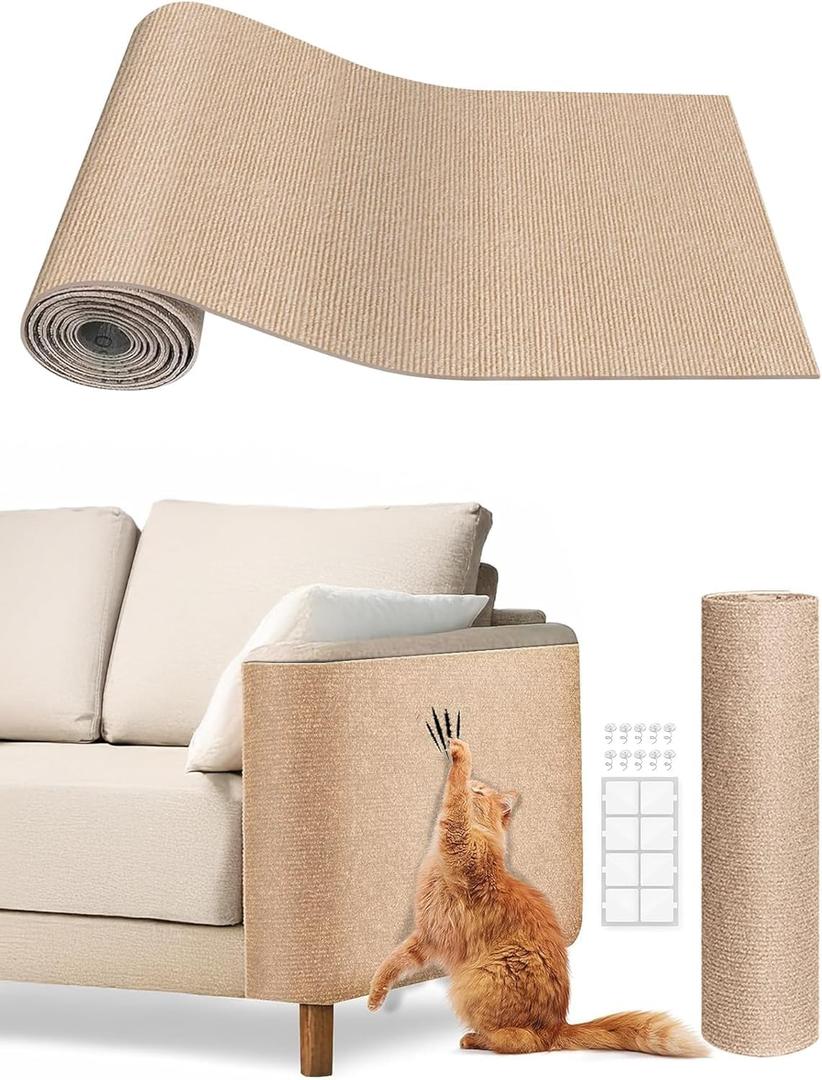 78.7"x15.8" Cat Scratch Mat Furniture Protector, Eco-Friendly DIY Trimmable Self-Adhesive Cat Scratching Pad, Couch Wall Sofa Guard, Reusable Claw Scratching Protector (Beige)