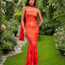 Women Floral Strapless Maxi Dress Sexy Backless Flowy Bodycon Tube Long Dress with Scarf (Red, L)