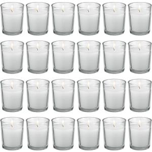 flamecan 24 Pack Clear Glass Filled White Votive Candles. Unscented Votive Candles for Home Dcor Spa Weddings Birthdays Holidays Party, White 24 Pack