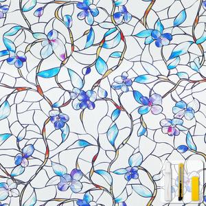 Window Privacy Film Stained Glass Decorative Static Clings Frosted Window Tint for Home Room Decor Bathroom Door Car Stickers with Glittering Effect, Removable(Blue Violet Botanical) (35*78.5)