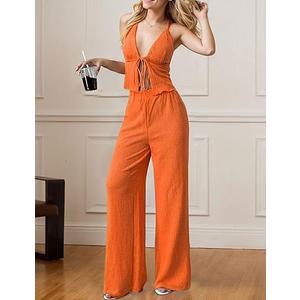 Women's 2 Pack Textured Fabric Pleated Halter Top Loose Wide Leg Pants Set M