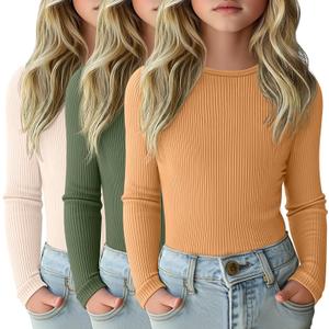 3 Pack Girls Long Sleeve Shirts Ribbed Knit Cotton Layering Tops Slim Fit Crewneck Casual Undershirts (11-12 Years, Cream, Dark Green, Orange Yellow) XL 