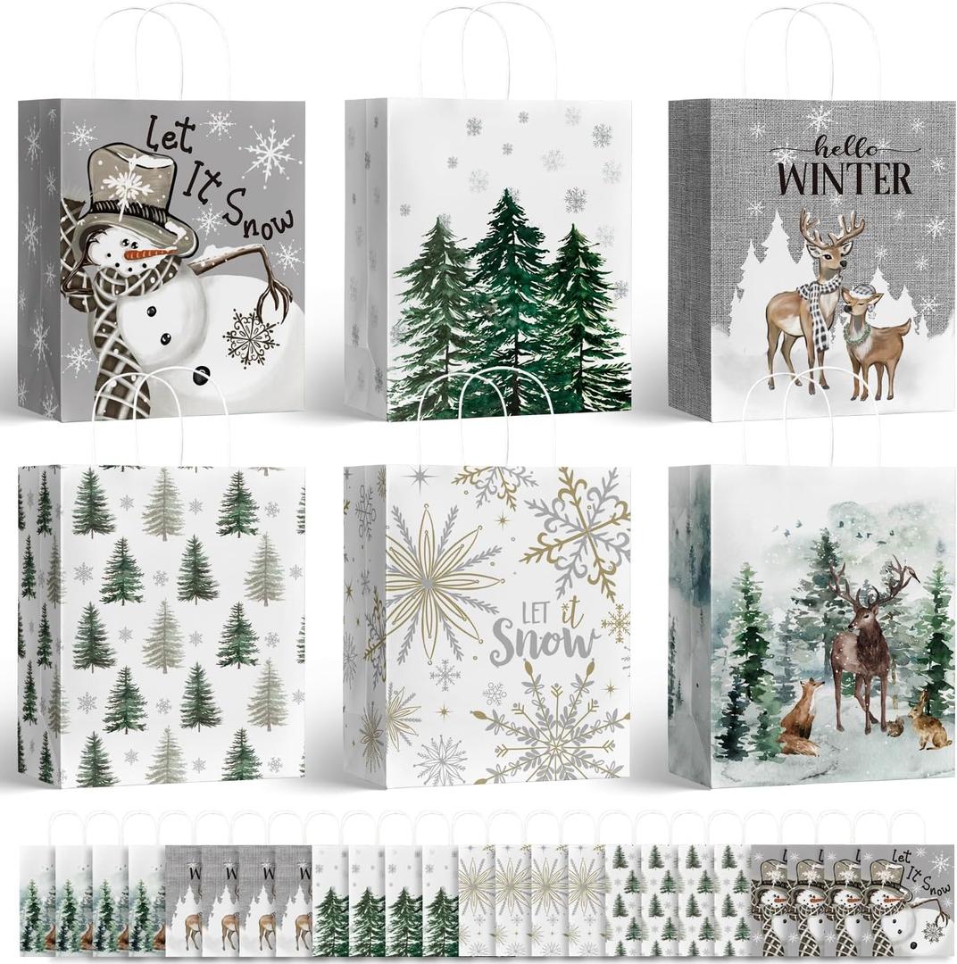 Horaldaily 24 Christmas Gift Paper Bags Bulk with handles Wrapping, Christmas Trees Snow Snowman Deer Holiday Presents(24 Large)