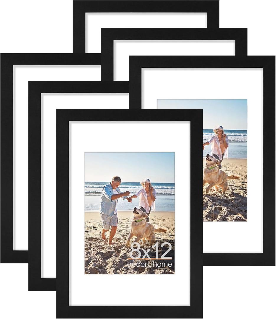 decorUhome 8x12 Picture Frame, Display Pictures 6x8 with Mat or 8x12 without Mat, Wall & Tabletop Display Photo Frame, Black, 6 Pack
