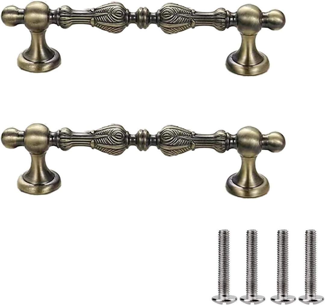 2 Pack Zinc Alloy Vintage Drawer Pulls with Screws - Ornate Drawer Handles for Kitchen Cabinets, Dresser Drawers, Furniture Hardware (Antique Brass, 5.04 inch Hole spacing)