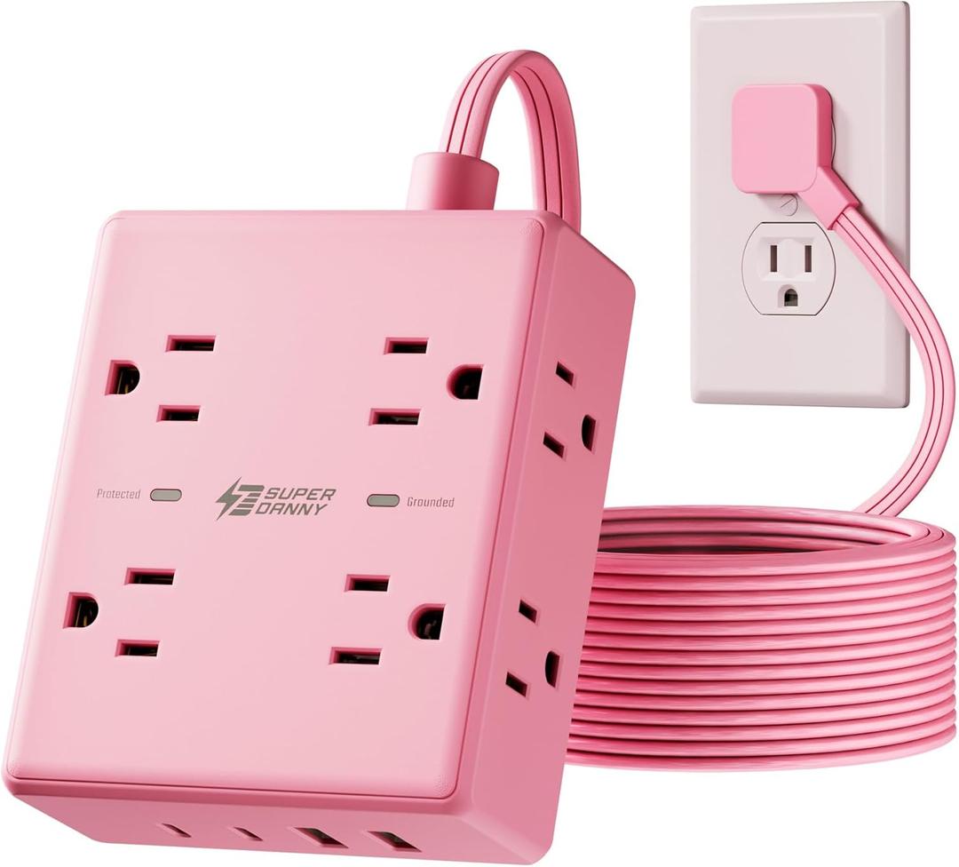 Pink Extension Cord 10Ft, Flat Plug Surge Protector Power Strip, 8 Outlets & 4 USB Ports (2 USB C), Cute Stuff Pink Room Decor, Home Office Kawaii Desk Accessories for Girls