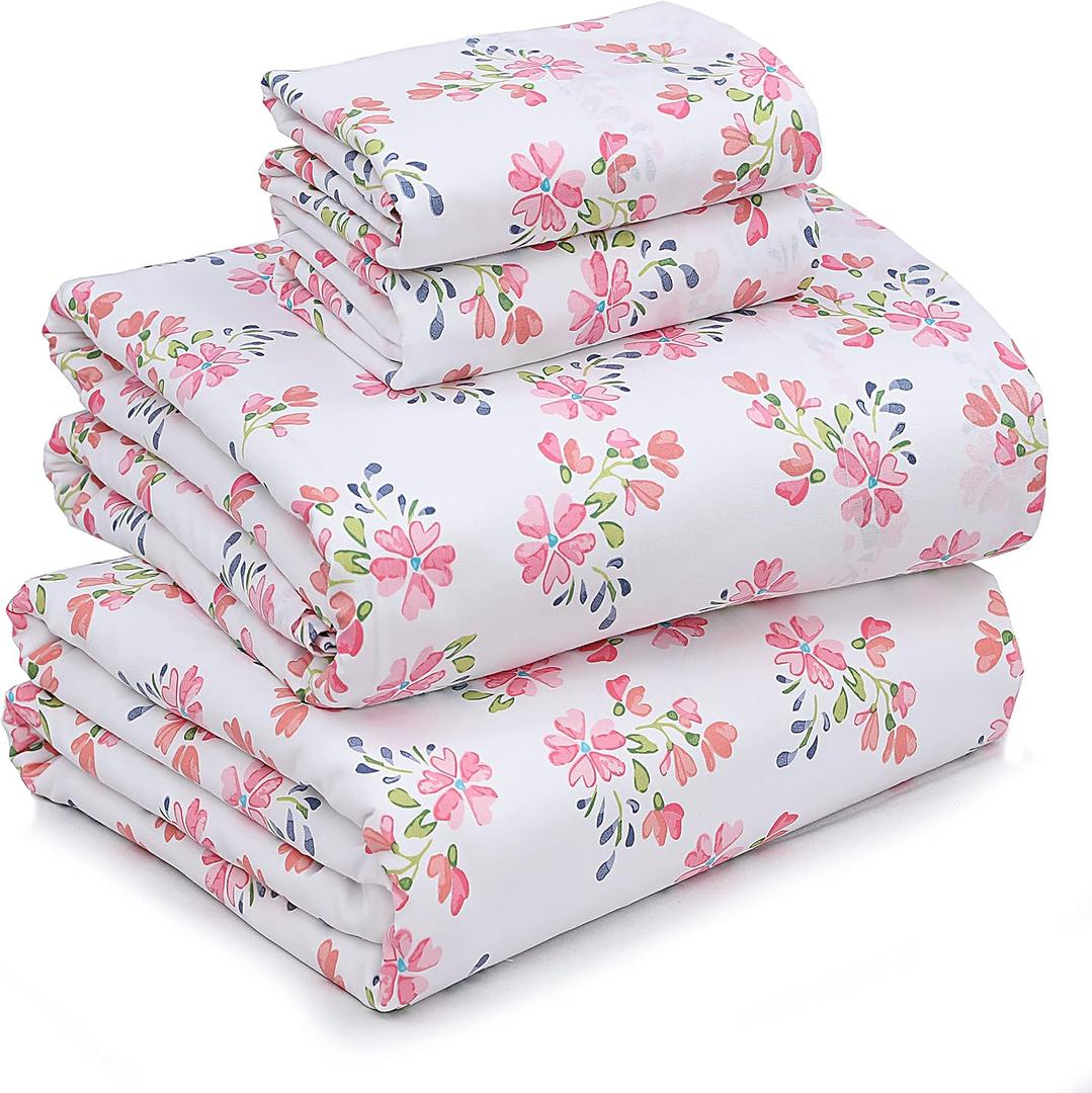 RUVANTI 100% Cotton Sheets Queen Size Percale Bedding, Cooling & Breathable Floral Design, Durable with a Crisp, Soft & Comfortable Feel, 16" Deep Pocket, 4-Piece Set, Bloomex