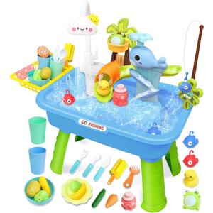 Water Play Table for Toddlers 1-3, Kids Play Sink with Electric Faucet, Outdoor Water Table with Fishing Game, Summer Baby Water Sensory Toy for Toddlers 1-3 Years (Blue)
