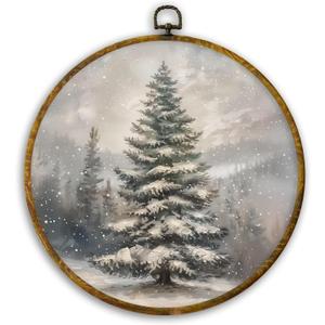 CUANFDDSF Christmas Winter Tree Round Wall Art Decor, Rustic Snowy Forest Pine Tree Landscape Wall Hanging Frame Decor, Cozy Winter Canvas Prints Decorations for Home Bedroom Living Room, 10x10 Inch